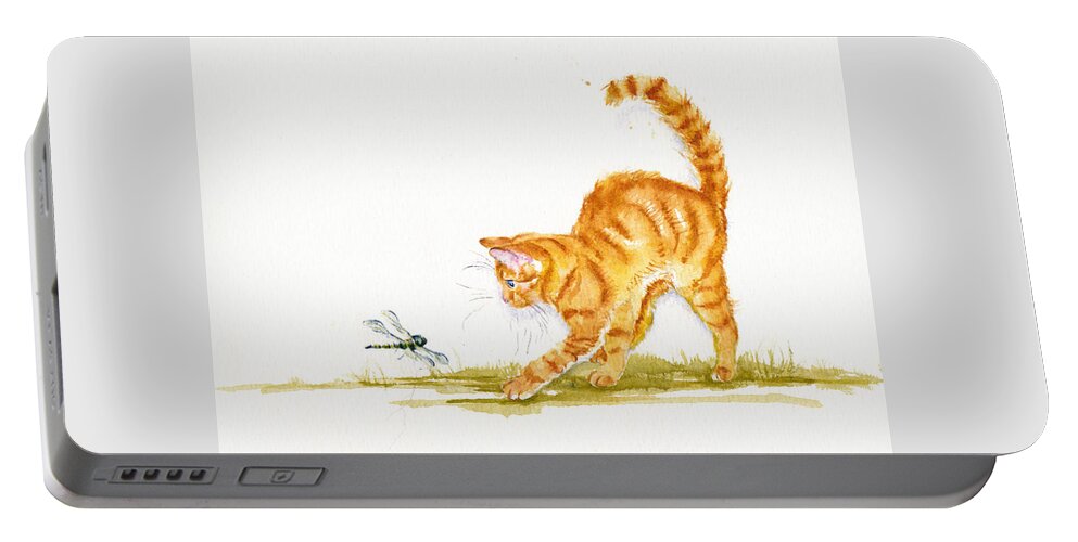 Cat Portable Battery Charger featuring the painting Chasing the Dragon - Ginger Cat by Debra Hall
