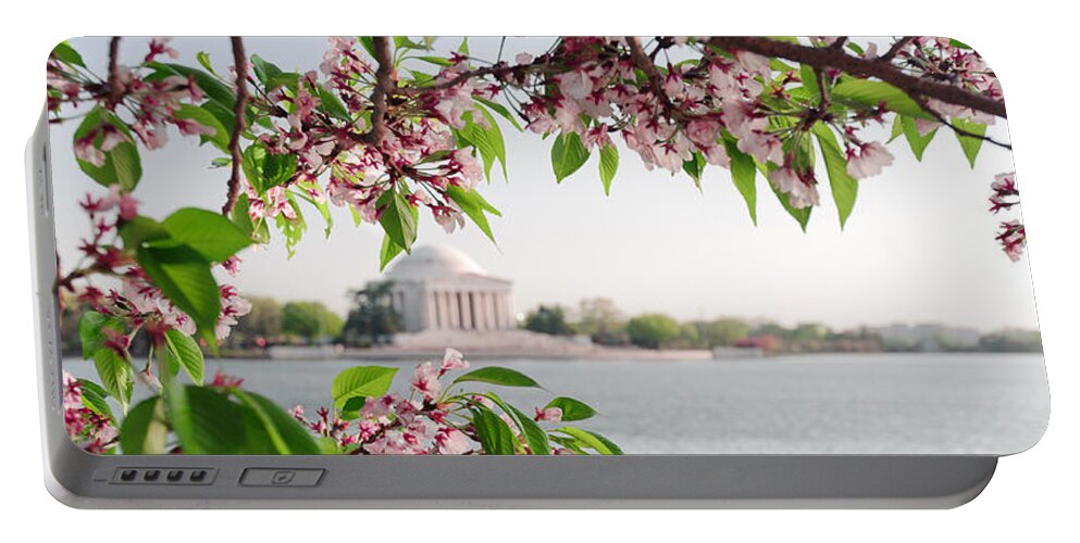 America Portable Battery Charger featuring the photograph Cherry Blossoms and the Jefferson Memorial Panorama by Mitchell R Grosky