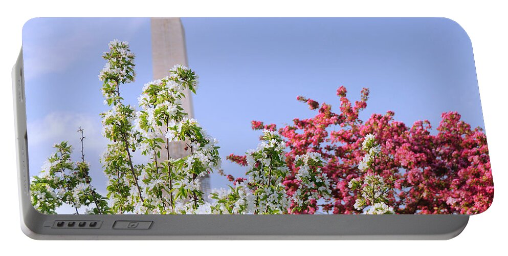 America Portable Battery Charger featuring the photograph Cherry Trees and Washington Monument Four by Mitchell R Grosky