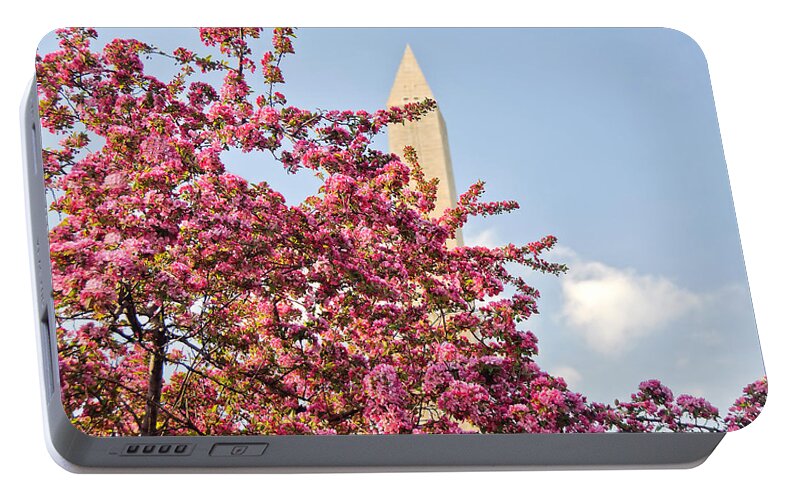America Portable Battery Charger featuring the photograph Cherry Trees and Washington Monument One by Mitchell R Grosky