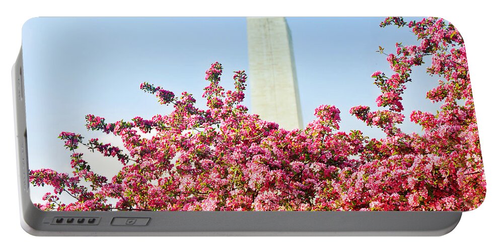 America Portable Battery Charger featuring the photograph Cherry Trees and Washington Monument Two by Mitchell R Grosky
