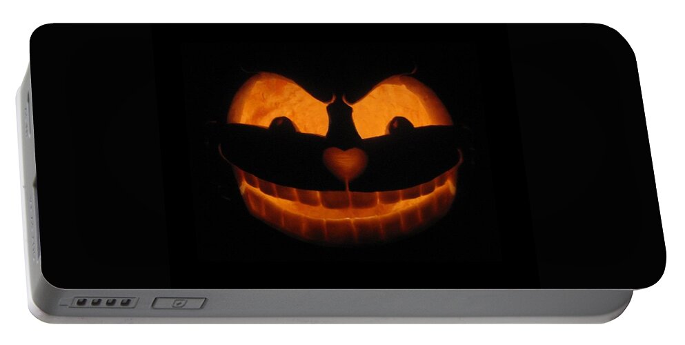 Pumpkin Portable Battery Charger featuring the sculpture Cheshire Cat by Shawn Dall