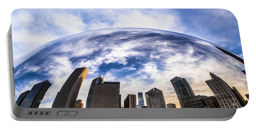 Bean Portable Battery Charger featuring the photograph Chicago Bean Cloud Gate Skyline by Paul Velgos