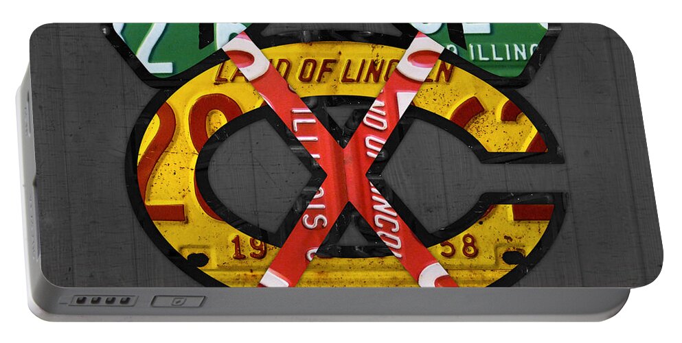 Chicago Portable Battery Charger featuring the mixed media Chicago Blackhawks Hockey Team Retro Logo Vintage Recycled Illinois License Plate Art by Design Turnpike