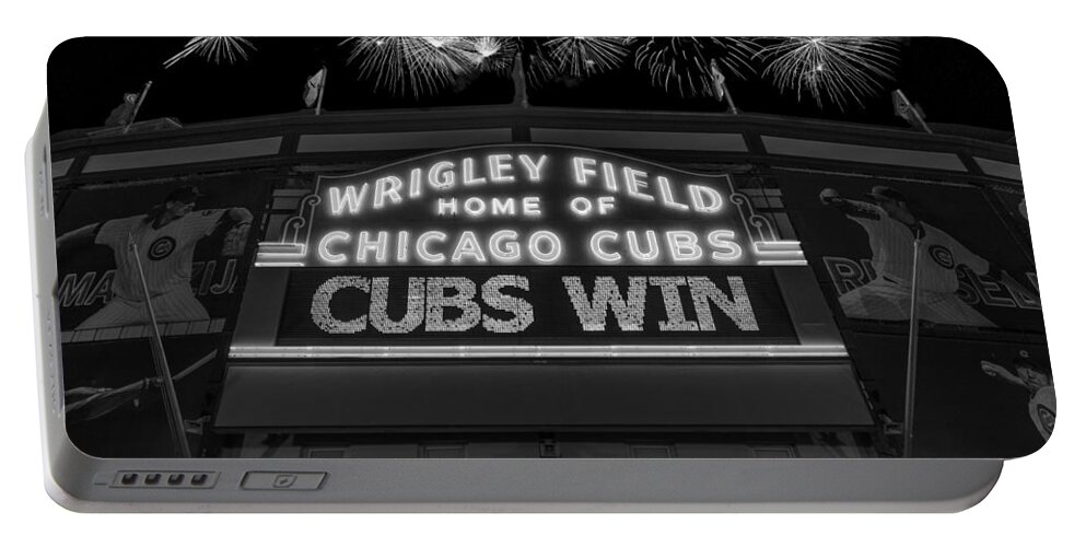 Chicago Portable Battery Charger featuring the photograph Chicago Cubs Win Fireworks Night B W by Steve Gadomski
