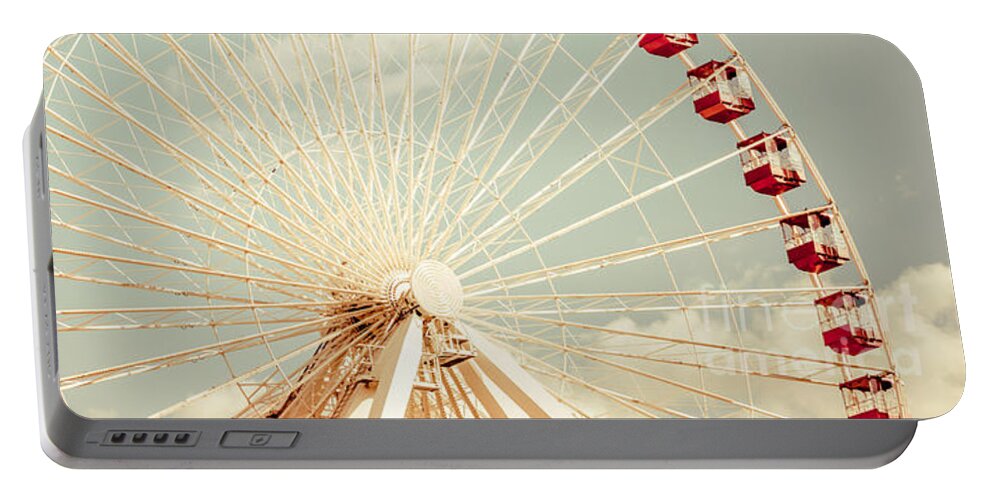 America Portable Battery Charger featuring the photograph Chicago Ferris Wheel Retro Panorama Photo by Paul Velgos