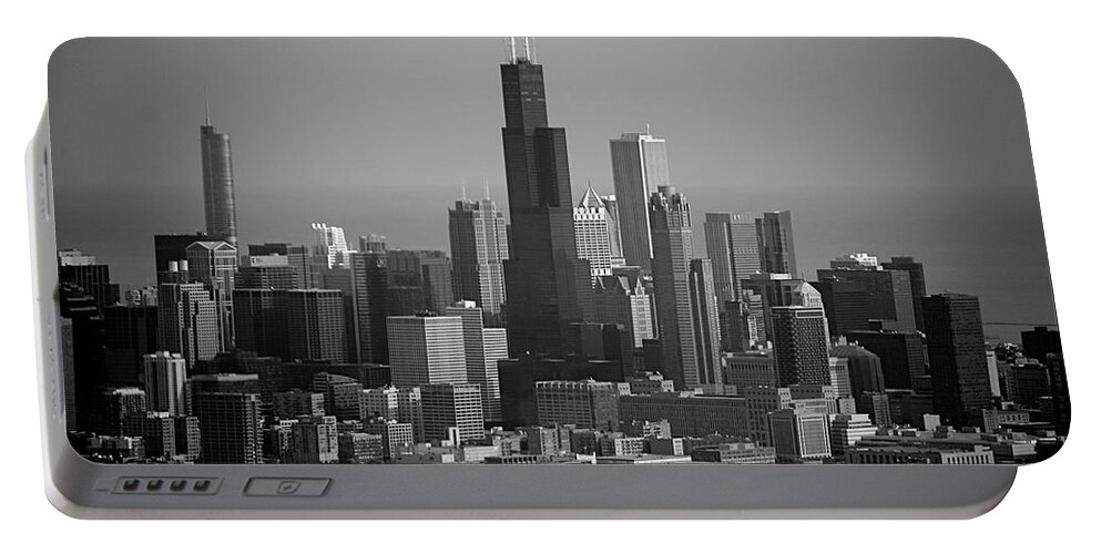 Black And White Portable Battery Charger featuring the photograph Chicago Looking East 02 Black and White by Thomas Woolworth