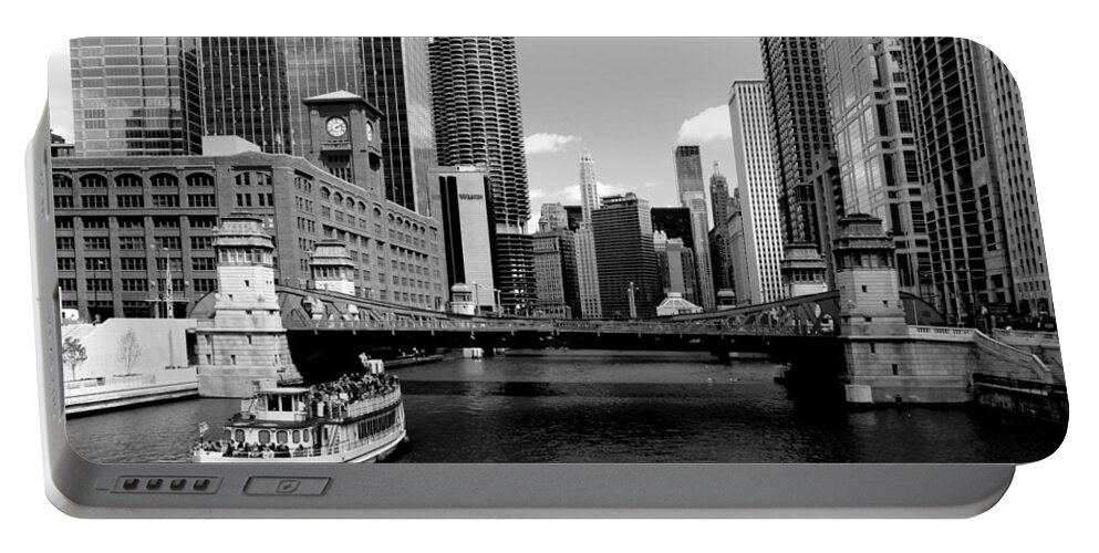 Bridge Portable Battery Charger featuring the photograph Chicago River Skyline Bridge Boat by Patrick Malon