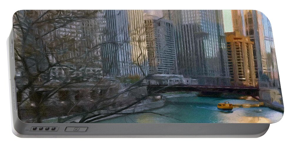 Architecture Portable Battery Charger featuring the painting Chicago River Sunset by Jeffrey Kolker