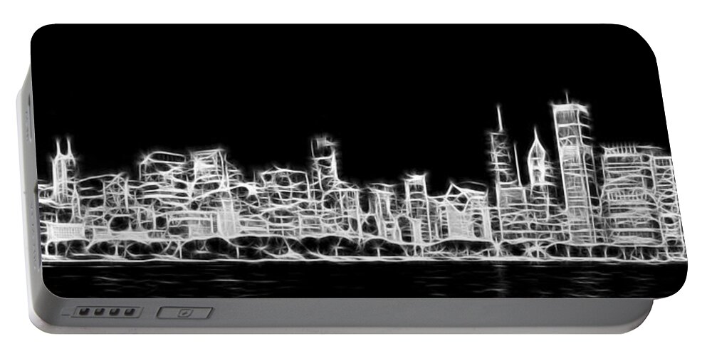 3scape Portable Battery Charger featuring the photograph Chicago Skyline Fractal Black and White by Adam Romanowicz