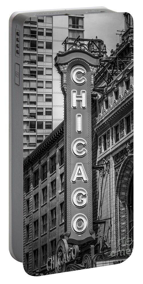 America Portable Battery Charger featuring the photograph Chicago Theater Sign in Black and White by Paul Velgos