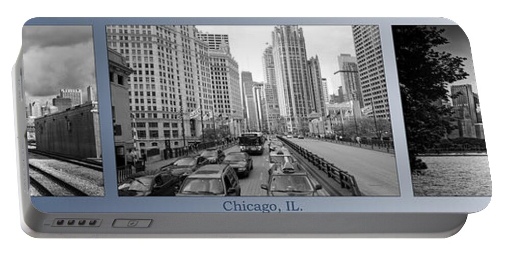 Chicago Portable Battery Charger featuring the photograph Chicago Triptych 3 Panel Black and White by Thomas Woolworth