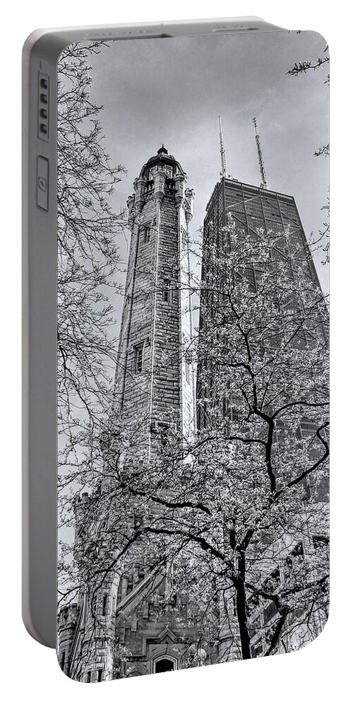 Chicago Water Tower Portable Battery Charger featuring the photograph Chicago Water and Hancock Towers Black and White by Christopher Arndt