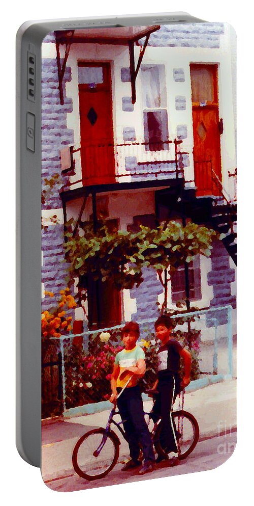  Portable Battery Charger featuring the painting Childhood Montreal Memories Balconies And Bikes The Boys Of Summer Our Streets Tell Our Story by Carole Spandau