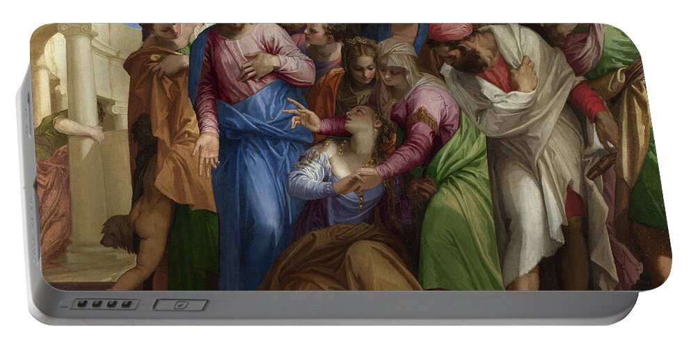 Paolo Veronese Portable Battery Charger featuring the painting Christ addressing a Kneeling Woman by Paolo Veronese