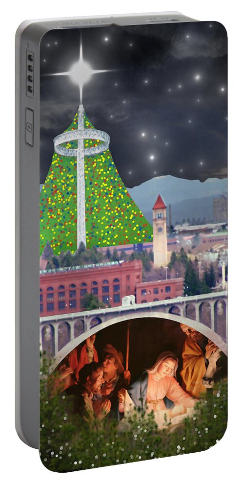 Christmas Portable Battery Charger featuring the digital art Christmas In Spokane by Mark Armstrong