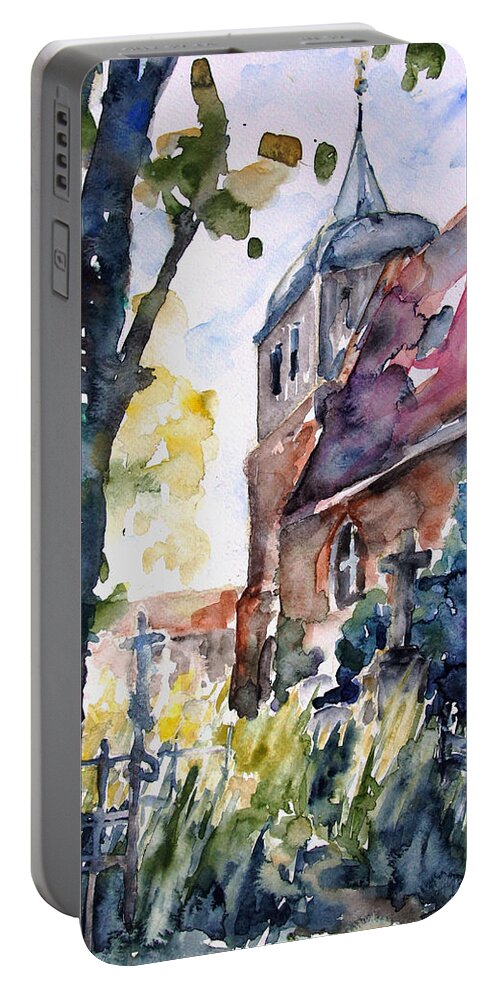 Summer Portable Battery Charger featuring the painting Church Cemetery In Buchholz by Barbara Pommerenke