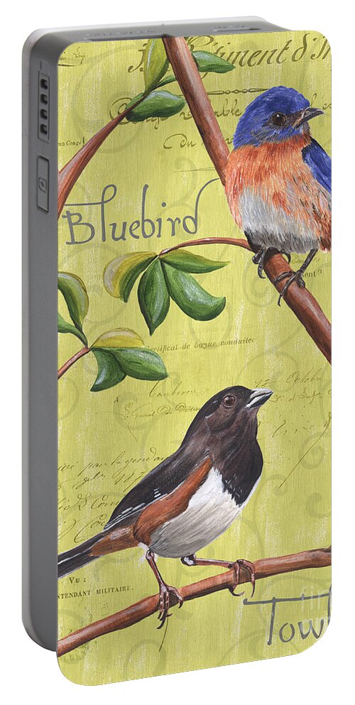 Bird Portable Battery Charger featuring the painting Citron Songbirds 1 by Debbie DeWitt