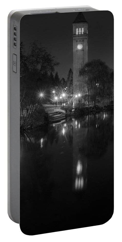 clock Tower Portable Battery Charger featuring the photograph Clocktower Reflection Monochrome by Paul DeRocker