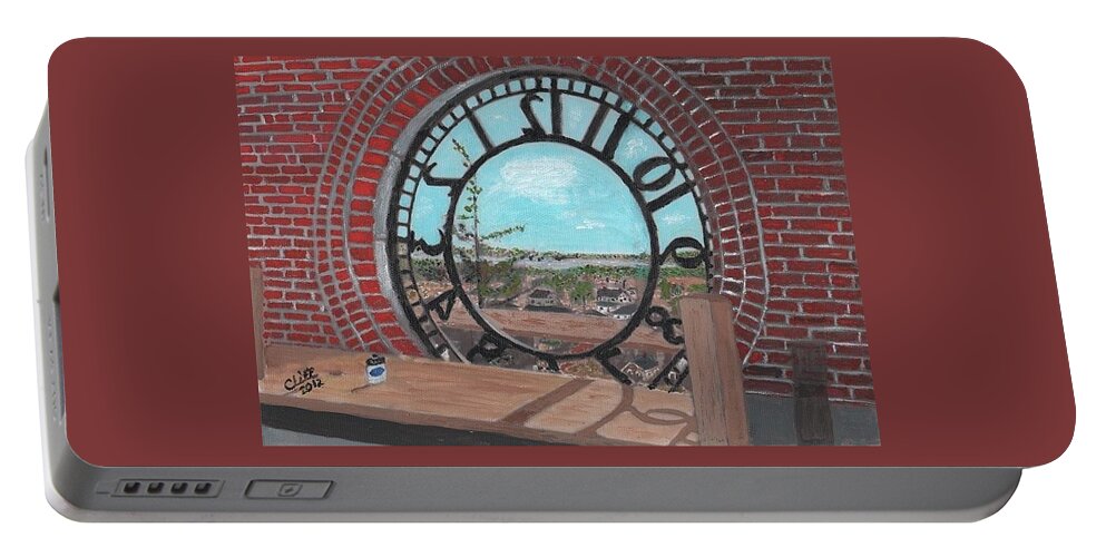 Red Portable Battery Charger featuring the painting Clocktown by Cliff Wilson
