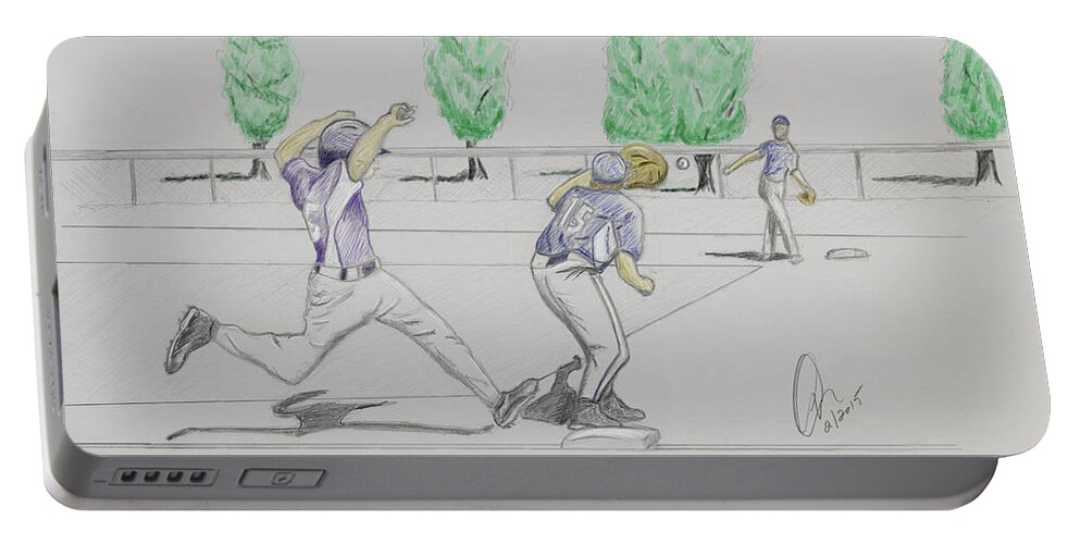 Baseball Portable Battery Charger featuring the drawing Close Play at First by Chris Thomas