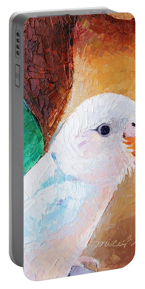 White Parakeet Portable Battery Charger featuring the painting Coexistence by Misuk Jenkins