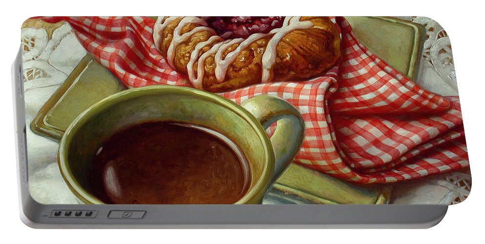 Food And Beverage Portable Battery Charger featuring the painting Coffee and Danish by Mia Tavonatti