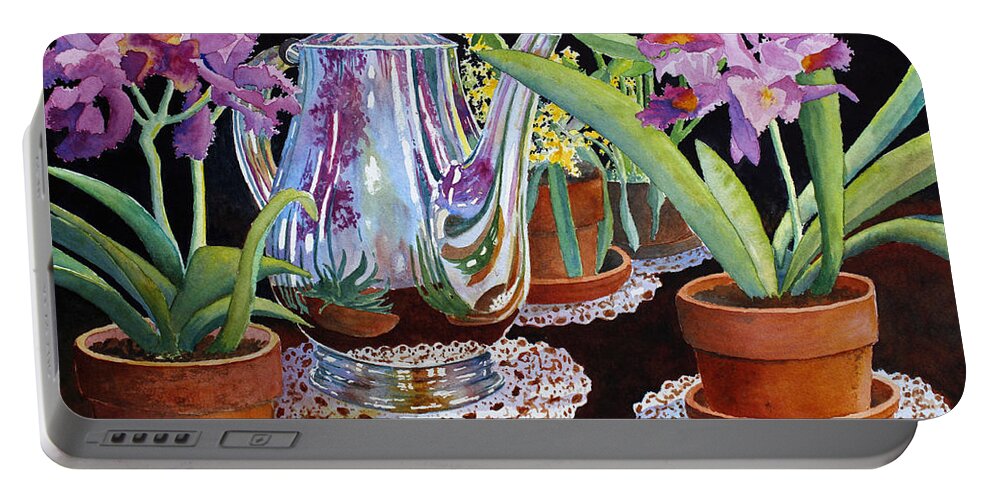 Still Life Portable Battery Charger featuring the painting Coffee and Flowers by Roger Rockefeller