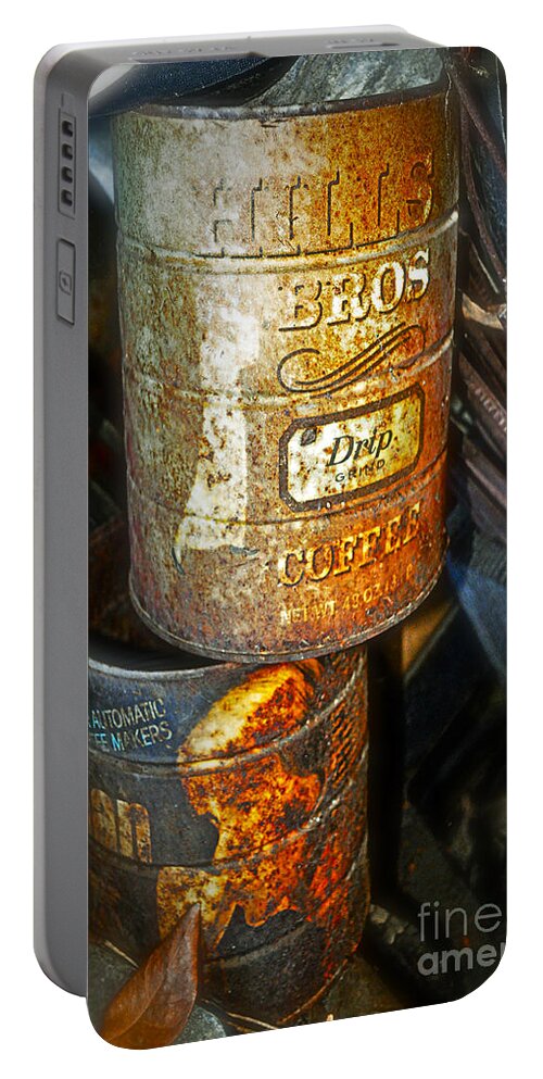 Coffee Nostalgia Old Tin Rust Hills Bros Can Yuban Junk Recycle Trash Caffeine Caffeinated Gwyn Newcombe Portable Battery Charger featuring the photograph Coffee Nostalgia by Gwyn Newcombe