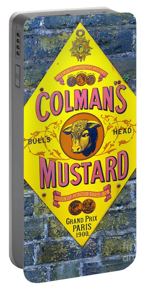 Colmans Portable Battery Charger featuring the photograph Colmans Mustard Bulls Head Sign by Gordon James