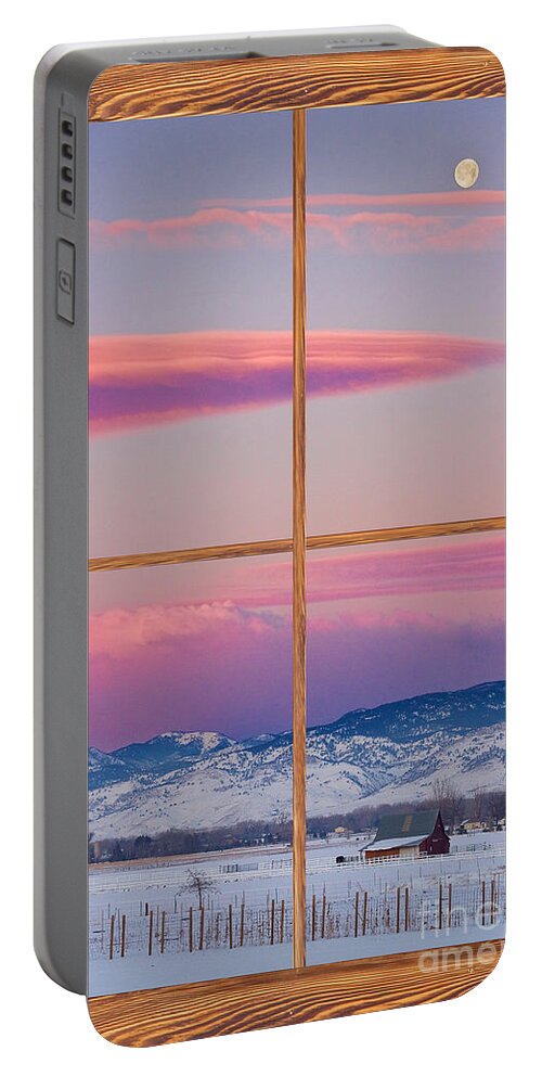 Windows Portable Battery Charger featuring the photograph Colorado Moon Sunrise Barn Wood Picture Window View by James BO Insogna