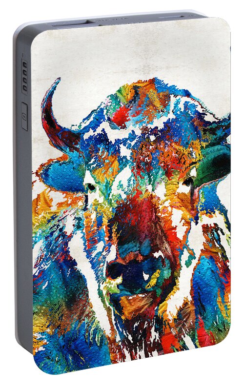 Buffalo Portable Battery Charger featuring the painting Colorful Buffalo Art - Sacred - By Sharon Cummings by Sharon Cummings