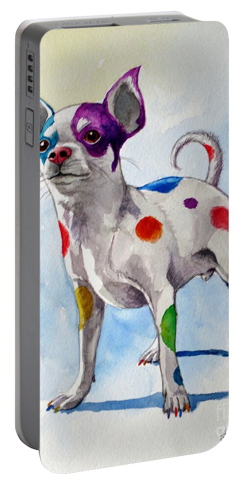 Chihuahua Portable Battery Charger featuring the painting Colorful Dalmatian Chihuahua by Christopher Shellhammer
