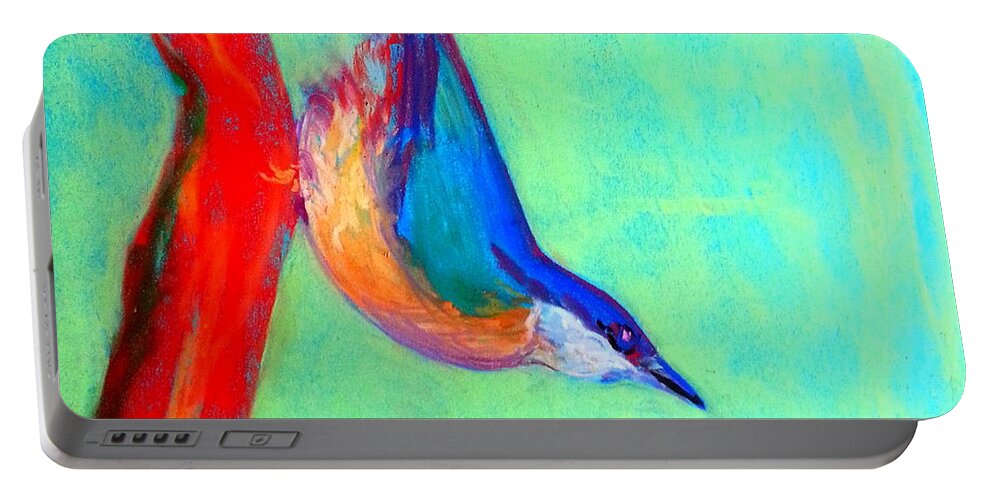 Bird Nuthatch Nut-hatch Colorful Whimsical Quirky Decorative Colourful Bright Vibrant Pastel Soft Pastels Soft-pastels Painting Pretty Unique Style Bold Strokes Birdie Birds Birdies Heart-warming Cute Child's-room Childs Child's Room Vivid Drawing Sketch Loose Distinctive Funny Fun Blue Green Red Yellow Cheerful Brighten Portable Battery Charger featuring the painting Colorful Nuthatch Bird by Sue Jacobi