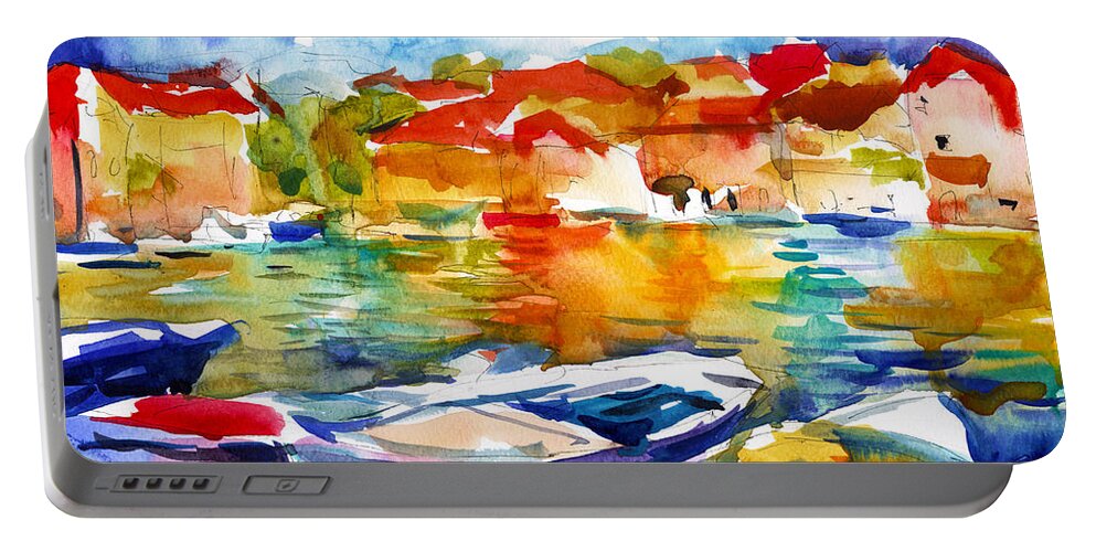 Boats Portable Battery Charger featuring the painting Colorful watercolor boats european water scape by Svetlana Novikova