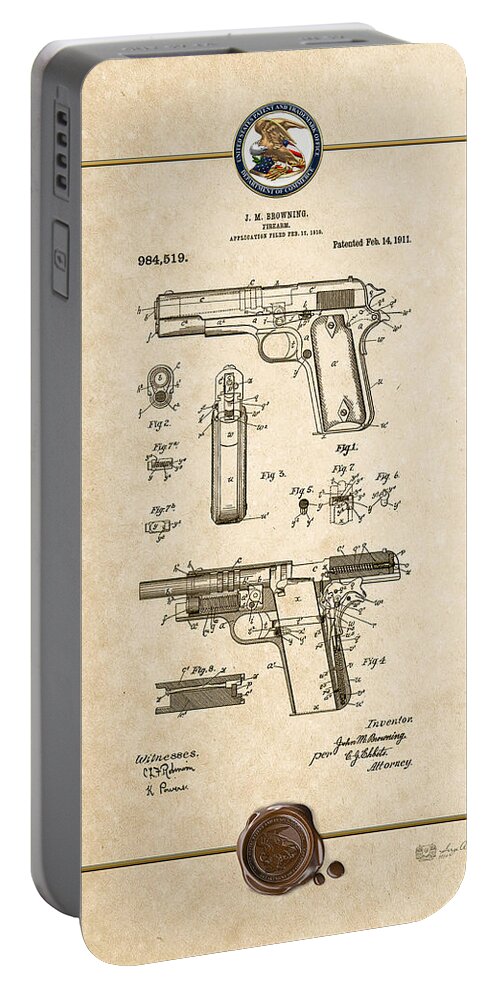 C7 Vintage Patents Weapons And Firearms Portable Battery Charger featuring the digital art Colt 1911 by John M. Browning - Vintage Patent Document by Serge Averbukh