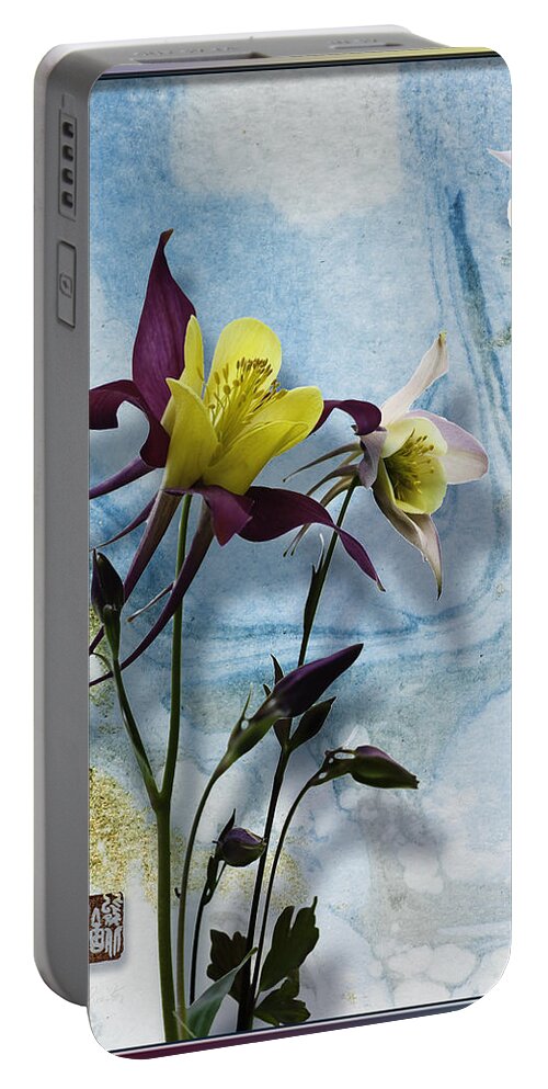 Ink Pigments On Rice Paper Portable Battery Charger featuring the mixed media Columbine blossom with suminagashi ink by Peter V Quenter