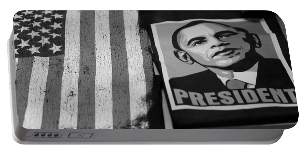 Potus Portable Battery Charger featuring the photograph COMMERCIALIZATION OF THE PRESIDENT OF THE UNITED STATES OF AMERICA in BLACK AND WHITE by Rob Hans
