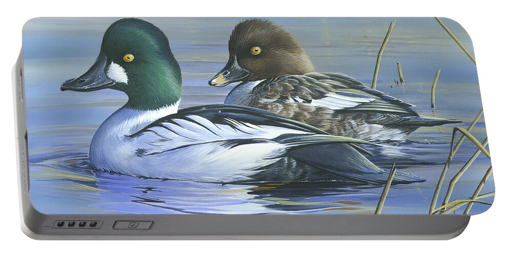 Common Goldeneye Portable Battery Charger featuring the painting Common Goldeneye by Mike Brown
