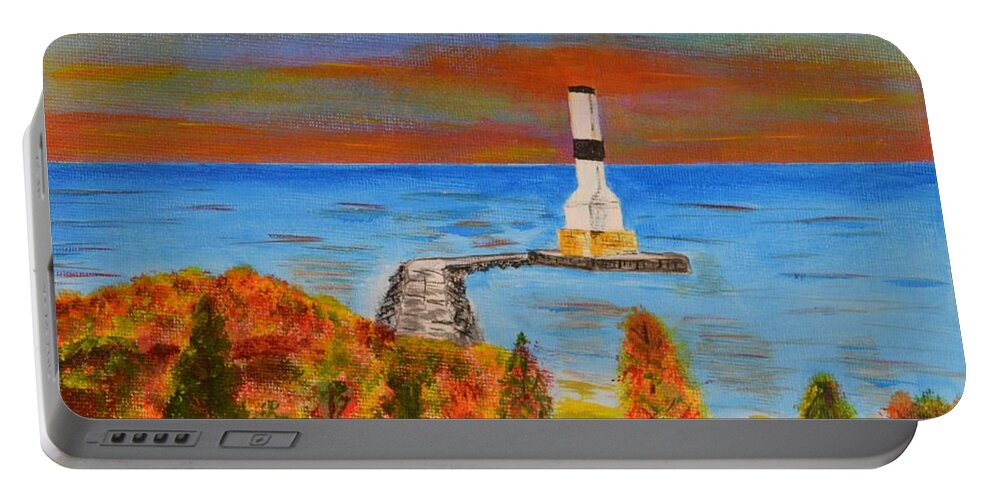 Fall Portable Battery Charger featuring the painting Fall, Conneaut Ohio light house by Melvin Turner