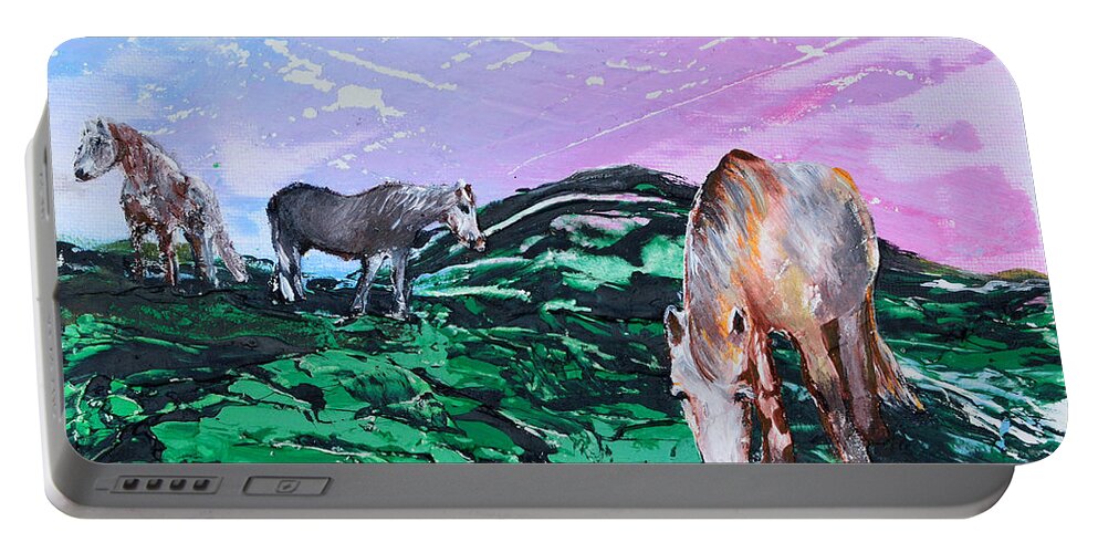 Landscape Portable Battery Charger featuring the painting Connemara Ponies by Alys Caviness-Gober