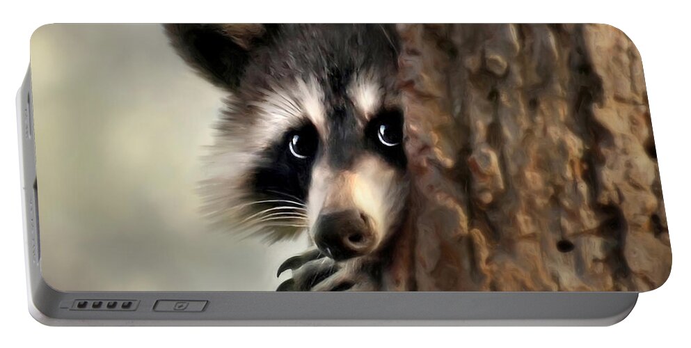 Raccoon Portable Battery Charger featuring the painting Conspicuous Bandit by Christina Rollo