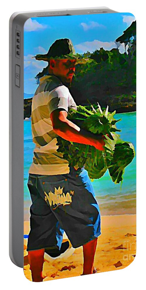 People Selling Portable Battery Charger featuring the painting Cool Beach Merchant by John Malone