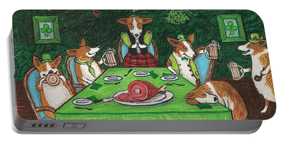 Painting Portable Battery Charger featuring the painting Corgi Pub by Margaryta Yermolayeva