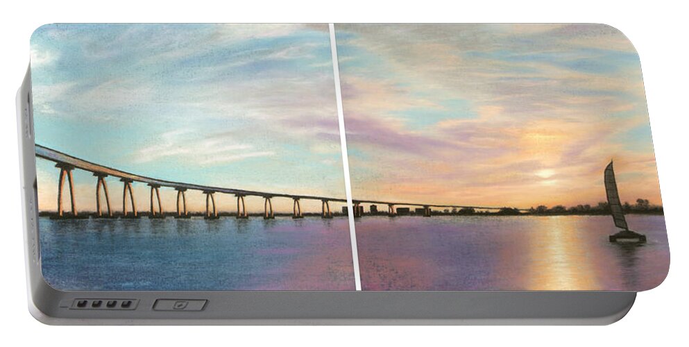 Coronado Portable Battery Charger featuring the pastel Coronado Bridge Sunset Diptych by Michael Heikkinen