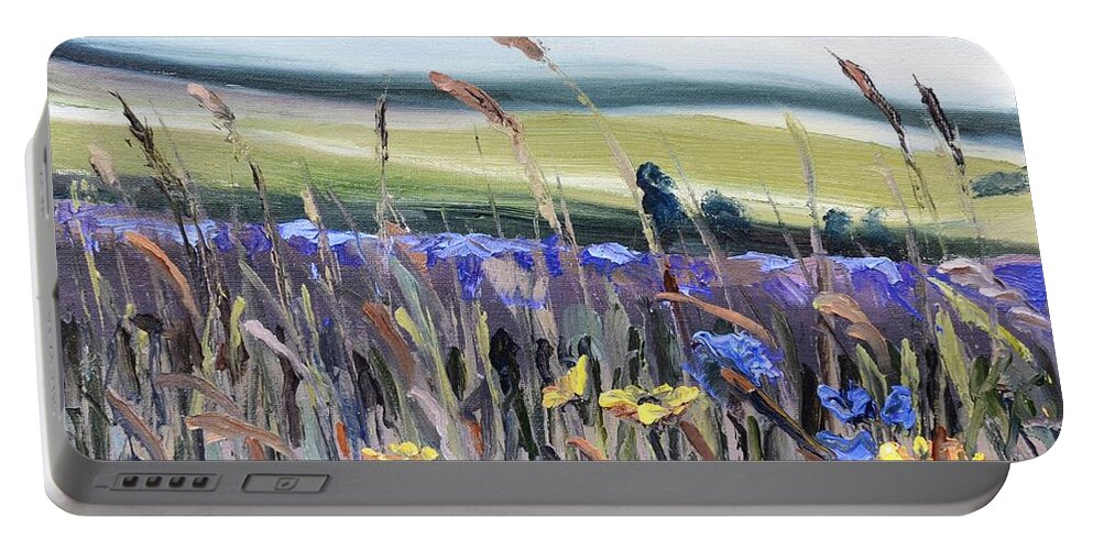 Spring Portable Battery Charger featuring the painting Cotswold Wildflowers by Donna Tuten