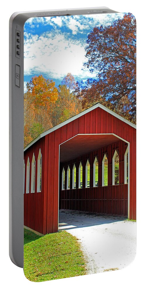 Red Covered Bridge Portable Battery Charger featuring the photograph Covered Bridge by Jennifer Robin