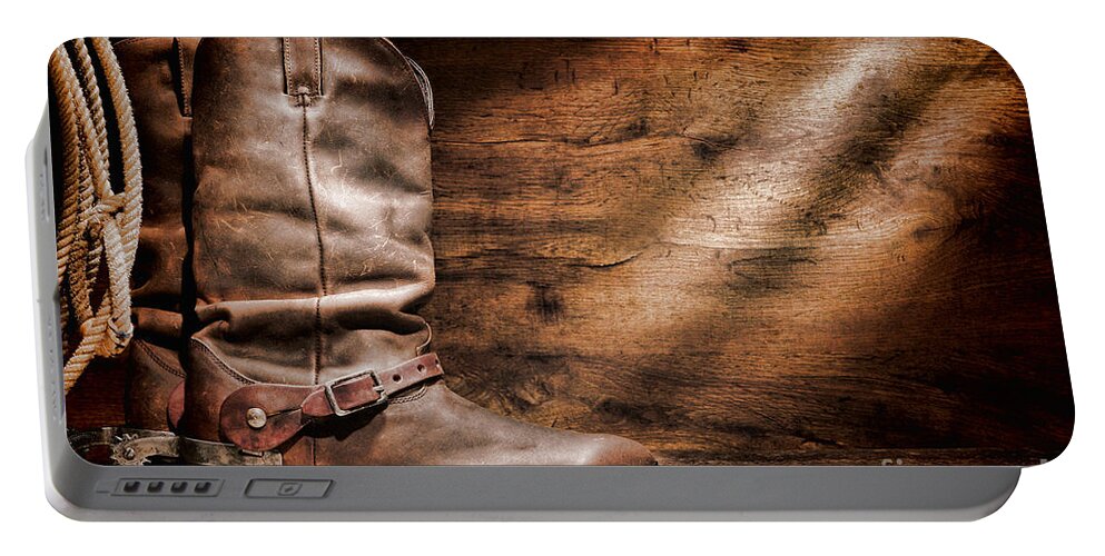 Cowboy Boots Portable Battery Charger featuring the photograph Cowboy Boots on Wood Floor by Olivier Le Queinec