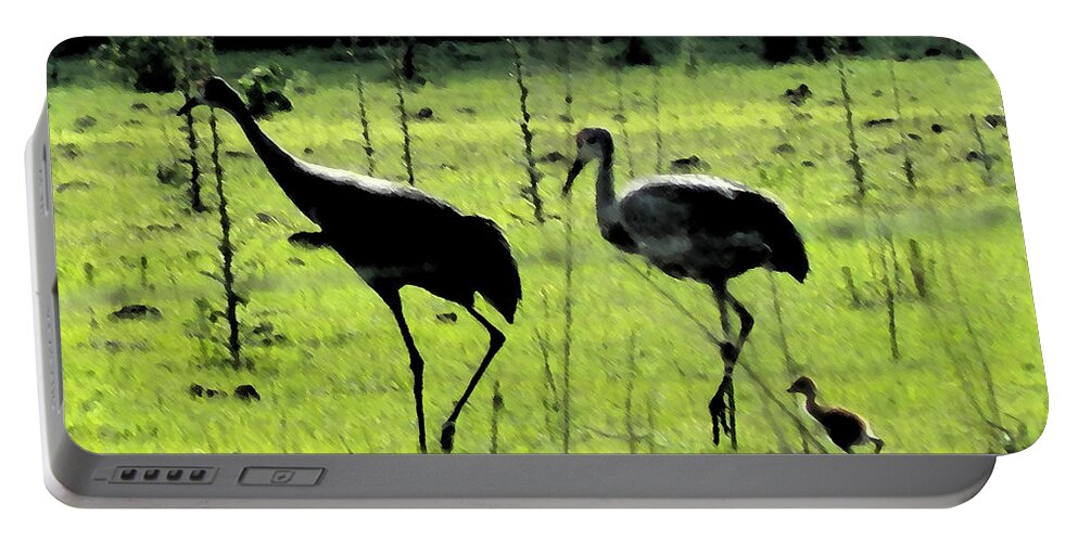 Sandhill Portable Battery Charger featuring the painting Cranes with Baby Close Behind by George Pedro