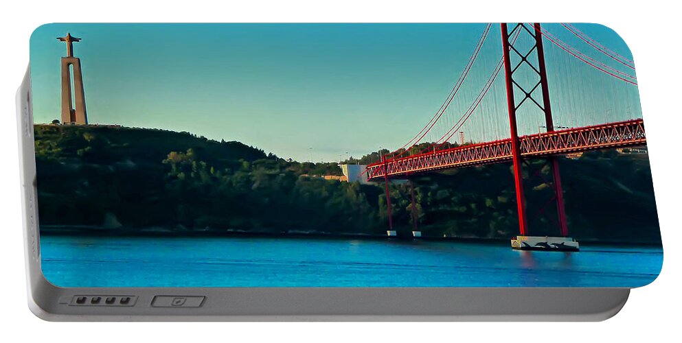 Lisbon Portable Battery Charger featuring the photograph Cristo Rei and the 25 de Abril Bridge by Mitchell R Grosky